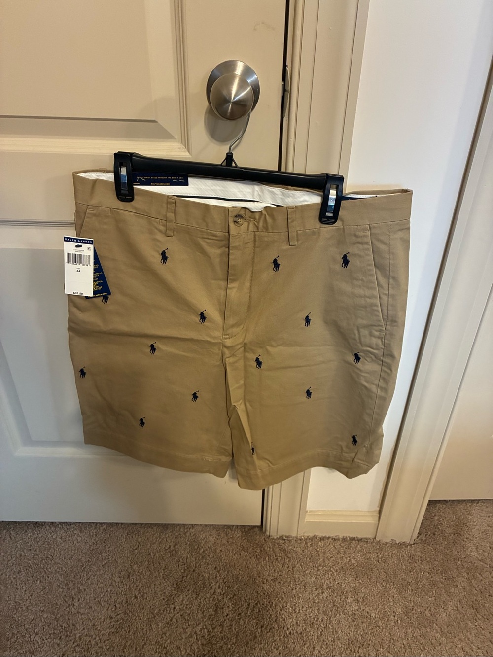 Ralph Lauren Tan Flat-Front Shorts with Navy Pony Embroidery